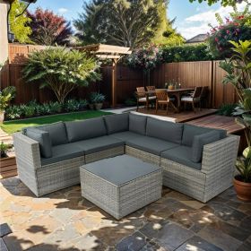 6 Pieces PE Rattan sectional Outdoor Furniture Cushioned Sofa set Grey Wicker, Dark Grey Cushion