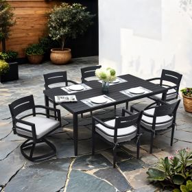 7-Piece Outdoor Patio Aluminum Furniture, Modern Dining Set, including 4 Dining Chairs & 2 Swivel Rockers Sunbrella Fabric Cushioned and Rectangle Din