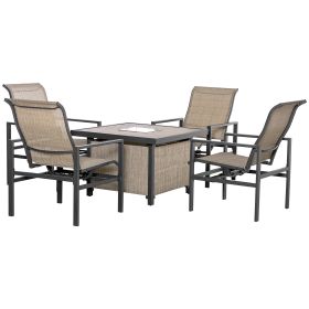 5 Piece Garden Patio Dining Set, Steel, Outdoor Conversation Set, Square Dinner Table with Built-in Ice Bucket Insert, 4 Rocking Chairs for Garden, La