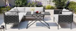 TOPMAX 5-Piece Modern Patio Sectional Sofa Set Outdoor Woven Rope Furniture Set with Glass Table and Cushions, Black+Gray