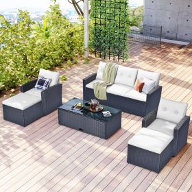 GO 6-piece All-Weather Wicker PE rattan Patio Outdoor Dining Conversation Sectional Set with coffee table, wicker sofas, ottomans, removable cushions