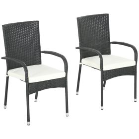 Outsunny Stackable PE Rattan Outdoor Dining Chairs with Cushions, Set of 2 Patio Wicker Dining Chairs with Armrests and Backrest for Patio, Deck, Crea