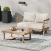 2 - Person Outdoor Acacia Wood Patio Seating Group with Cushions and Coffee Table for Porch, Garden, Backyard, Balcony, Brown wash, Beige cushion