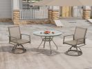 5-Piece Bistro Patio Table and Chairs Set with Tan PVC Sling Swivel Rocker Chairs and Round Cast-Top Outdoor Table, Premium Weather Resistant Outdoor