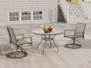 5-Piece Bistro Patio Table and Chairs Set with Tan PVC Sling Swivel Rocker Chairs and Round Cast-Top Outdoor Table, Premium Weather Resistant Outdoor