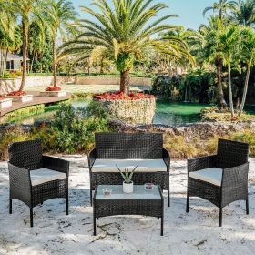 4 Piece Patio Furniture Wicker Conversation Set-‚Ä¢ 1x Love Seat ‚Ä¢ 2x Arm Chairs ‚Ä¢ 1x Glass Coffee Table (Color: as Pic)