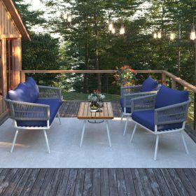 4-Piece Patio Furniture Set, Outdoor Furniture with Acacia Wood Table, Patio Conversation Set with Deep Seating & Thick Cushion for Backyard Porch Bal (Color: Navy blue)