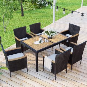 7-Piece Outdoor Patio Dining Set, Garden PE Rattan Wicker Dining Table and Chairs Set, Acacia Wood Tabletop, Stackable Armrest Chairs with Cushions (Color: Brown)