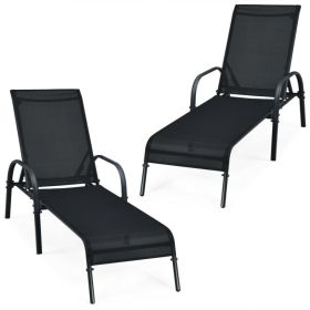 2 Pieces Outdoor Patio Lounge Chair Chaise Fabric with Adjustable Reclining Armrest (Color: Black)