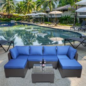 7 Pieces Outdoor Patio Sectional Sofa Couch, Silver Gray PE Wicker Furniture Conversation Sets with Washable Cushions & Glass Coffee Table for Garden, (Color: Brown)