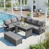 5-Piece Outdoor Patio Rattan Sofa Set; Sectional PE Wicker L-Shaped Garden Furniture Set with 2 Extendable Side Tables; Dining Table and Washable Cove