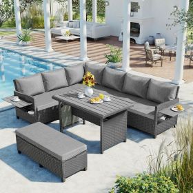 5-Piece Outdoor Patio Rattan Sofa Set; Sectional PE Wicker L-Shaped Garden Furniture Set with 2 Extendable Side Tables; Dining Table and Washable Cove (Color: Gray)