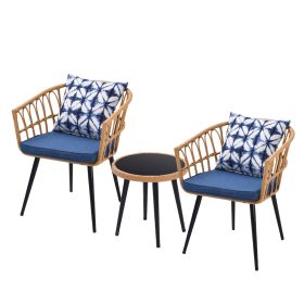 3 Piece Patio Bistro Set with Side Table, Outdoor PE Rattan Conversation Chair Set,Furniture of Coffee Table with Glass Top,Cushions & Lumbar Pillows (Color: as Pic)