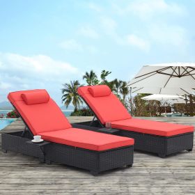 Outdoor Patio Chaise Lounge Chair,Lying in bed with PE Rattan and Steel Frame,PE Wickers,Pool Recliners with Elegant Reclining Adjustable Backrest and (Color: Black+Red)