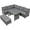 5-Piece Outdoor Patio Rattan Sofa Set; Sectional PE Wicker L-Shaped Garden Furniture Set with 2 Extendable Side Tables; Dining Table and Washable Cove