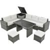 Outdoor 6-Piece All Weather PE Rattan Sofa Set; Garden Patio Wicker Sectional Furniture Set with Adjustable Seat; Storage Box; Removable Covers and Te